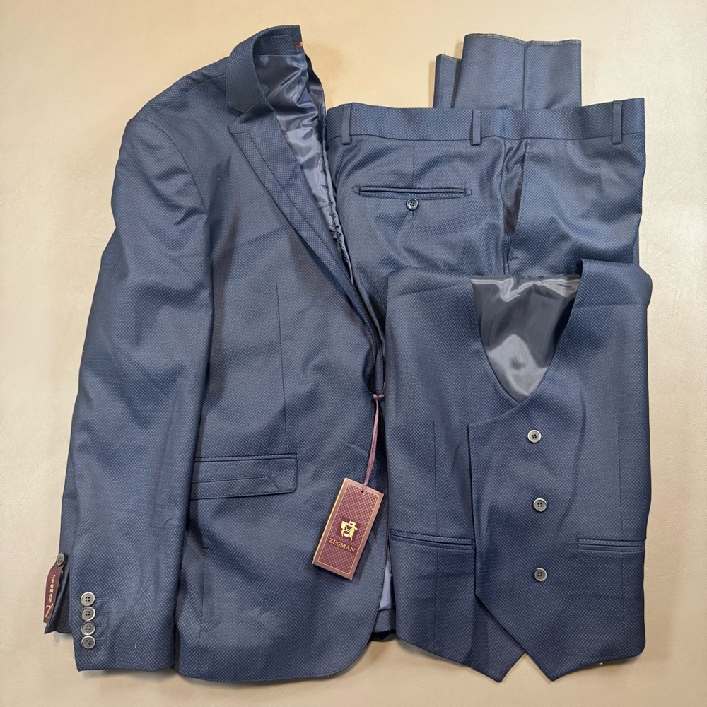 ZEGMAN 3-Piece Suit Men’s 42R Jacket / 38x34 Pants Blue Textured NWT